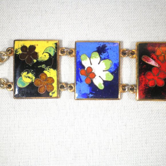 Vintage Robert Kuo Cloisonné Panel Bracelet - Picture 2 of 5